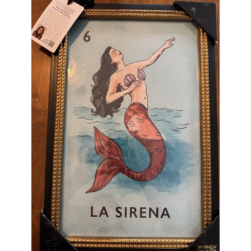 Sapna Shah La Sirena Loteria #6 Mermaid Framed Wall Decor Print 12x18 Framed